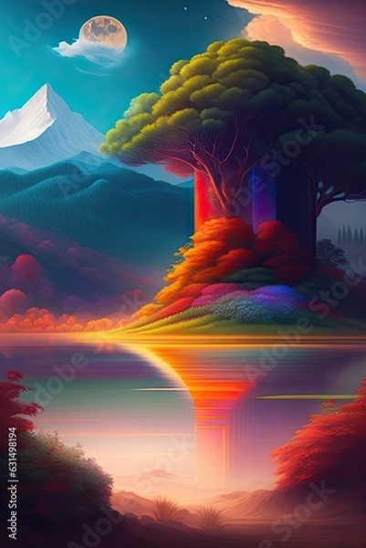 Obraz Fantasy landscape Artwork Mountains River Tree