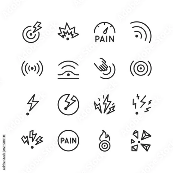 Fototapeta Pain, linear style icons set. The place where pain is manifested. Pain point. Appearance of pain, intensity. Types and location. Sensitive points. Editable stroke width