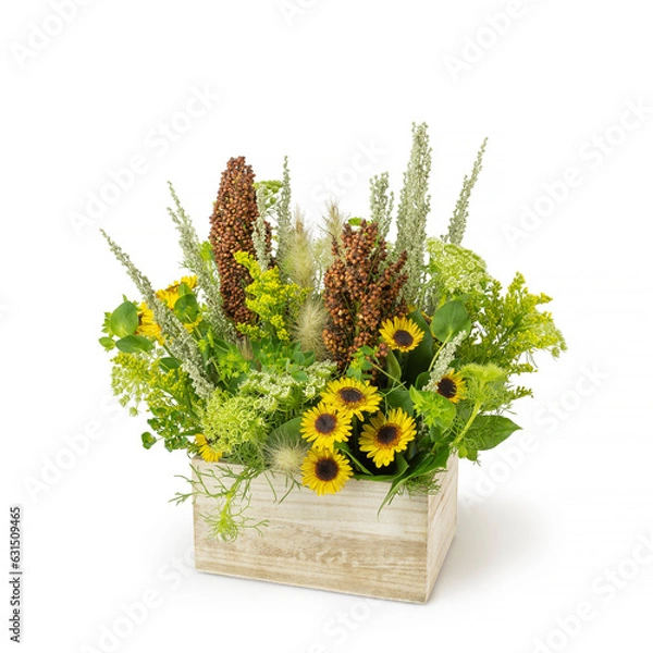 Fototapeta Floral flower arrrangment - Wild flowers in a wood box - floral arrangement isolated on white background - Florist, Small Business, Retail