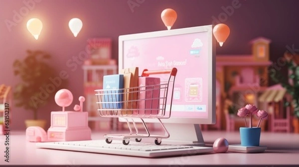 Fototapeta 3D online shopping on web page concept. online store, 3d render illustration