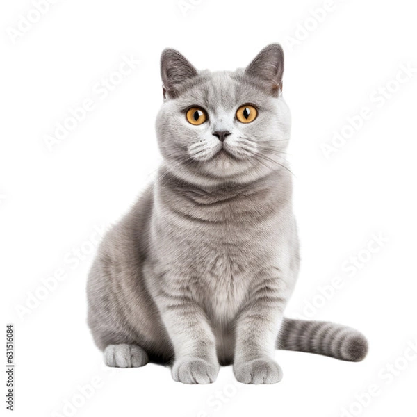 Obraz A British shorthair cat on a white backround has a Cheshire like smile. A skittish gray cat is resting alone, for advertisement purposes.