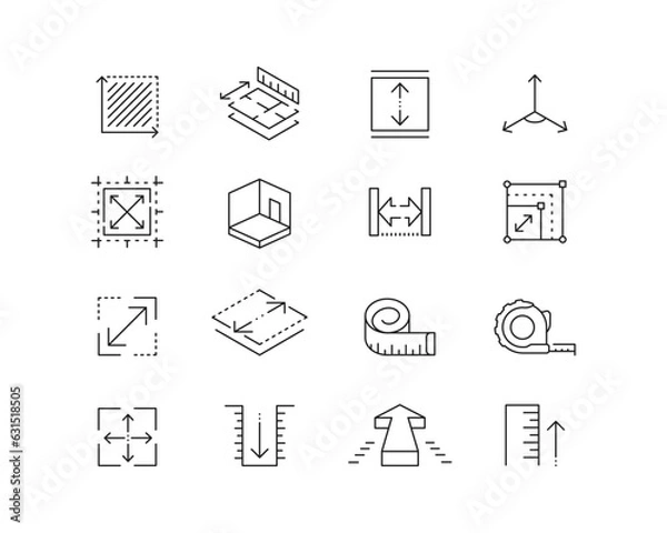 Fototapeta Spaces, Area, Measuremnt Icon collection containing 16 editable stroke icons. Perfect for logos, stats and infographics. Edit the thickness of the line in any vector capable app.