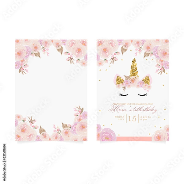 Fototapeta 1st birthday party invitation with beautiful unicorn surrounded with glitters and roses