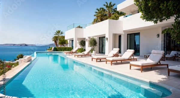 Fototapeta Piscine et transats dans un luxueux hôtel d'une ile de Grèce. Generative AI.