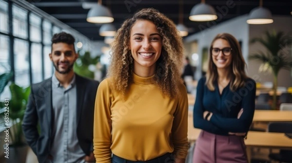 Fototapeta Multi-ethnic group of executive workers standing facing the camera in a coworking space