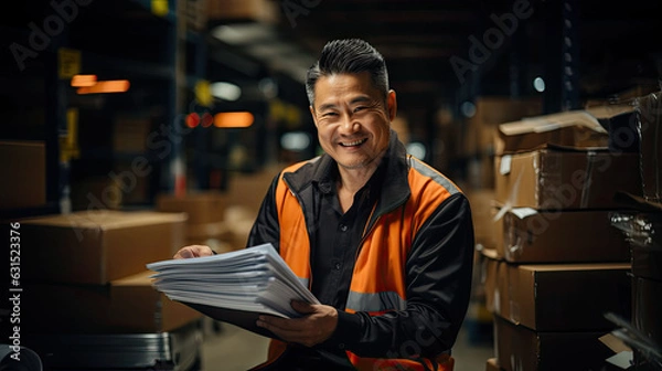 Obraz Warehouse asian worker working in warehouse stock checking inventory production stock control,generative ai