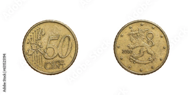 Fototapeta 50 cents coin from Finland with a lion on it, obverse and reverse macro shot.