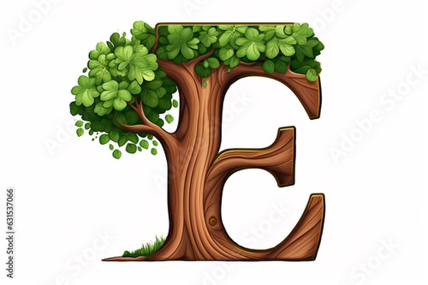Obraz Organic tree font, alphabet letter E with green leaves isolated on white background, creative uppercase abc for nature and ecology concepts. Generative AI. 