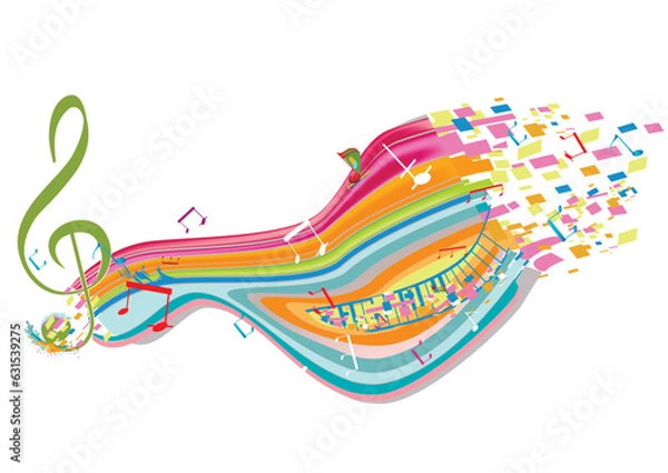 Fototapeta Abstract musical design with a treble clef and colorful splashes, notes and waves.  Colorful treble clef. Hand drawn vector illustration.
