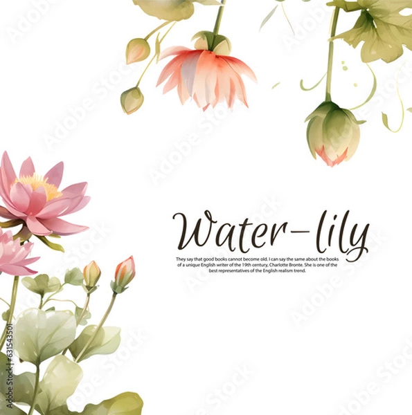 Fototapeta Watercolor lily isolated on white background, vector illustration. Oriental floral cards with pink lotus flowers for invitation