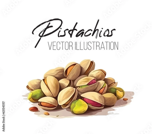 Fototapeta Vector product walnut pistachio. Pistachio nuts in the shell and with leaves. Illustration of food pistachio in watercolor style.