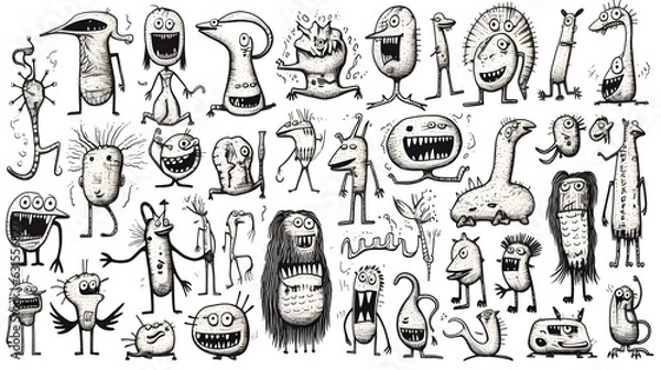Fototapeta monsters. Funny line hand-drawn aliens for coloring pages. Flat illustration generativ ai