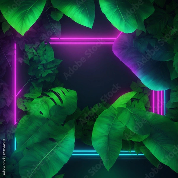 Fototapeta Generative AI illustration of abstract background of futuristic corridor with purple and blue neon lights
