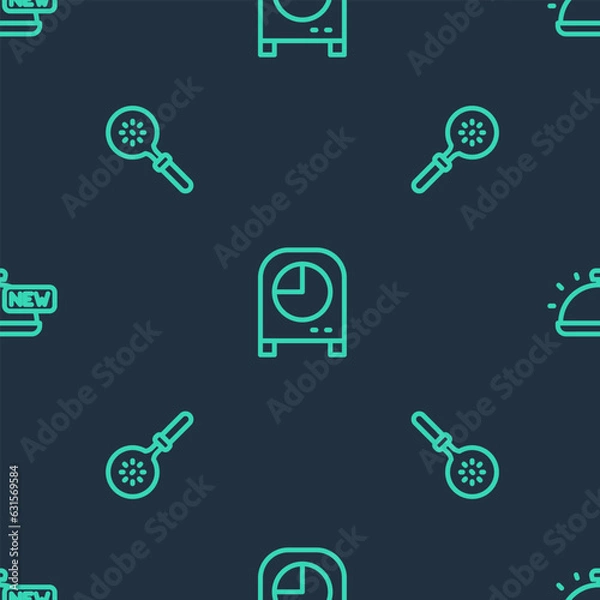 Fototapeta Set line Kitchen timer, Spatula and Covered with tray of food on seamless pattern. Vector