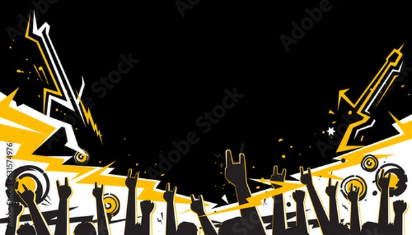Fototapeta Party music decorated with rock and roll hand signs on a background design template for a music festival banner or concert poster.