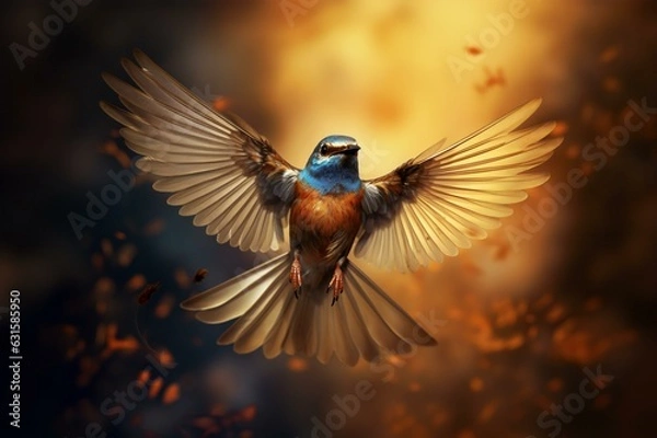 Fototapeta Macro Shot of Flying Bird with Opened Wings, Generative AI