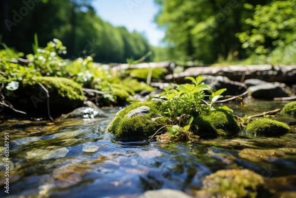 Obraz A close-up shot of moss-covered rocks reflected in a tranquil pond, creating a serene and harmonious composition
