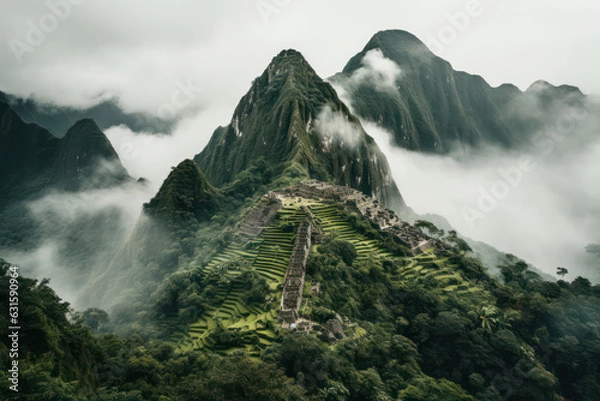 Obraz A majestic shot of the ancient ruins of Machu Picchu in Peru, shrouded in mist, with the rugged Andes Mountains as a backdrop, revealing the awe-inspiring remnants of an ancient civilization | ACTORS: