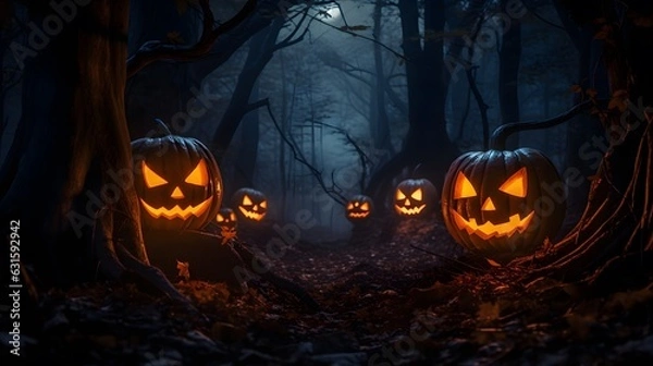 Fototapeta Halloween pumpkins in the forest at night.Halloween background with Evil Pumpkin. Spooky scary dark Night forrest. Holiday event halloween banner background concept