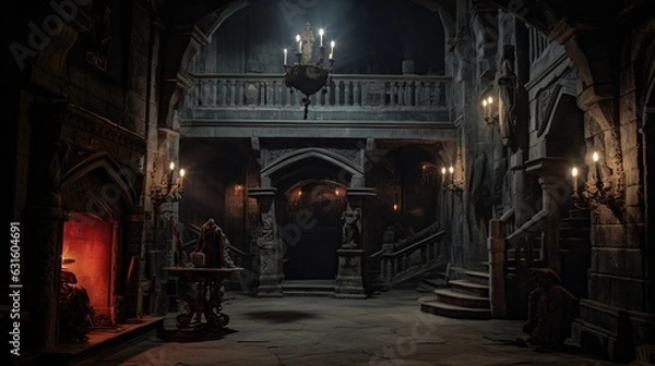 Fototapeta A Scary Interior Design of an Abandoned Medieval Castle lighted by some Candles.