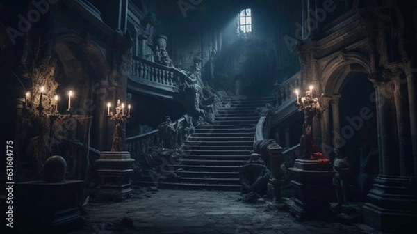 Fototapeta A Scary Interior Design of an Abandoned Medieval Castle lighted by some Candles.