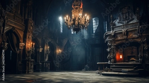 Obraz A Scary Interior Design of an Abandoned Medieval Castle lighted by some Candles.