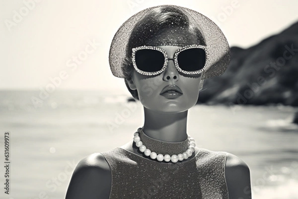 Obraz Beauty and style concept. Retro vintage beautiful woman portrait. Sunny day and beach in background. 60's style. Collage image style illustration, high contrast. Black and white image. Generative AI
