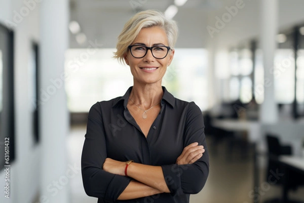 Obraz Business concept. Portrait of middle aged businesswoman ceo standing in office with arms crossed. Neutral office background with copy space. Generative AI