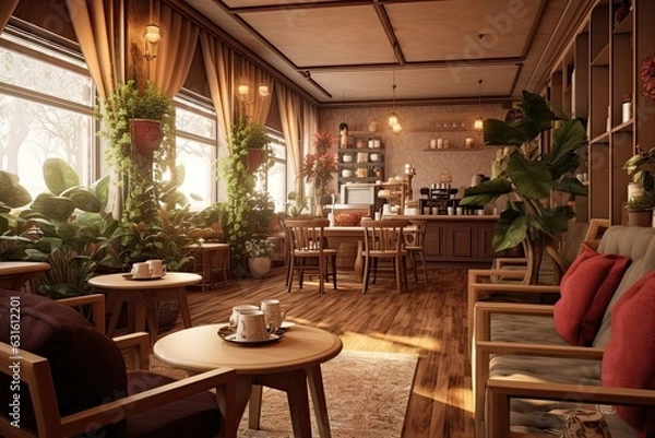 Fototapeta Cozy Coffee Haven: Freshly Brewed Aroma, Comfortable Seating, and Relaxed Ambiance, generative AI