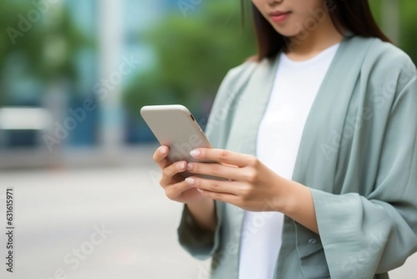 Obraz Close-up of Asian woman's hands using smartphone.