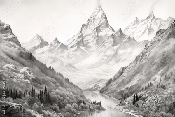 Fototapeta Majestic Snow-Capped Mountains: Conquering Heights in Serene Valleys - A Breathtaking Mountain Drawing, generative AI
