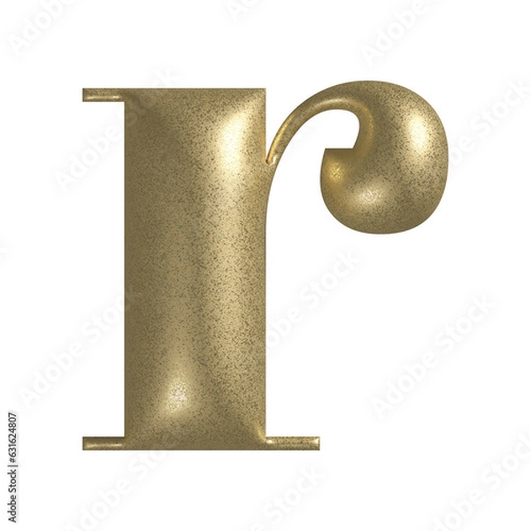 Obraz Letter R realistic gold 3d texture. Metal, inflate, lower case r serif font, isolated on transparent background.