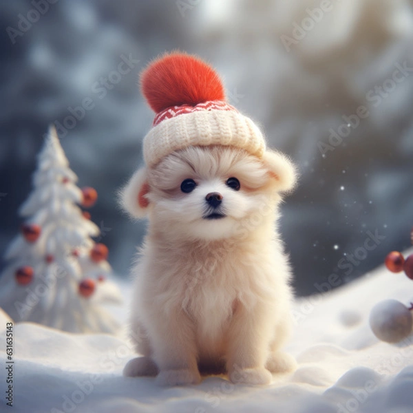 Fototapeta Illustration of a dog in a winter hat on the background of a winter landscape. AI-generated art.
