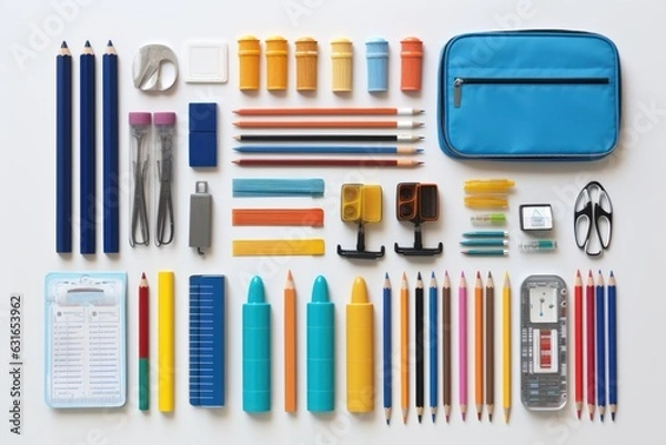 Fototapeta set of stationery and school supplies laying on white table surface ground. isolated on white background. Generative AI