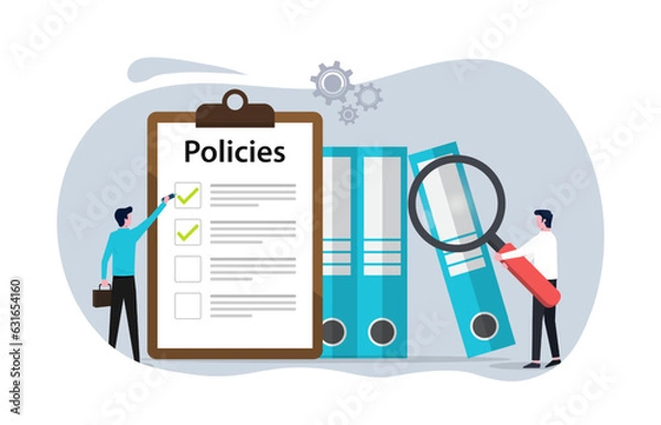 Fototapeta Regulatory compliance rules concept for office employees to achieve business goals. Moral standards and productivity. Policies list board company with check list.