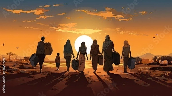 Fototapeta An image of uprooted families walking with their belongings, showcasing the migration crisis and the search for safety. Generative AI