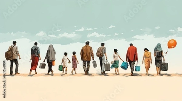Fototapeta An image of uprooted families walking with their belongings, showcasing the migration crisis and the search for safety. Generative AI