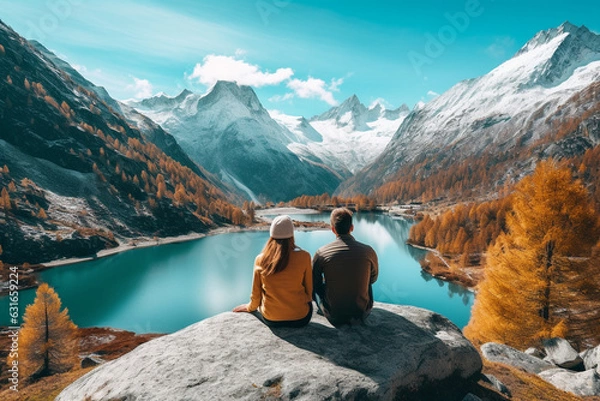 Obraz Couple sitting in the rock on autumn background