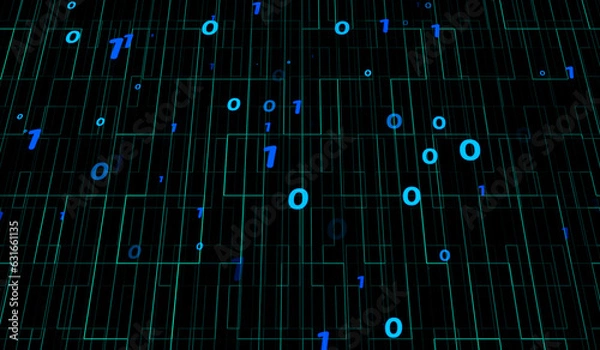 Fototapeta 3D abstract particle binary pattern digital technology blue on blue gradient background