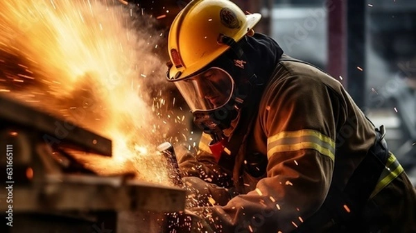 Fototapeta Dynamic construction worker in action on-site