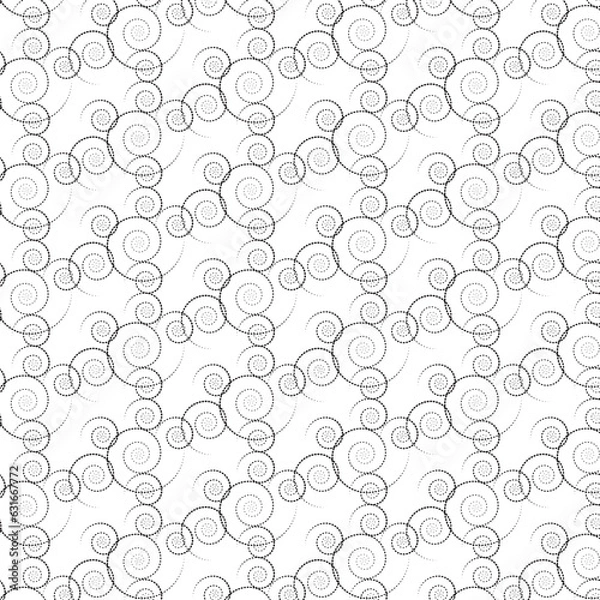 Fototapeta Black spirals on a white background, seamless pattern.  Diagonal grid of spirals of different sizes. Abstract black and white ornament. Background for paper, cover, fabric, interior decor.