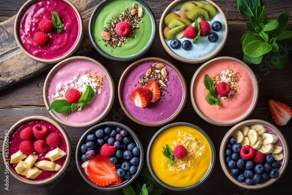 Obraz Assortment of fruit smoothies. Fruit slices on a fruit smoothie. Healthy smoothies bowls with berries, chia seeds and oat flakes.