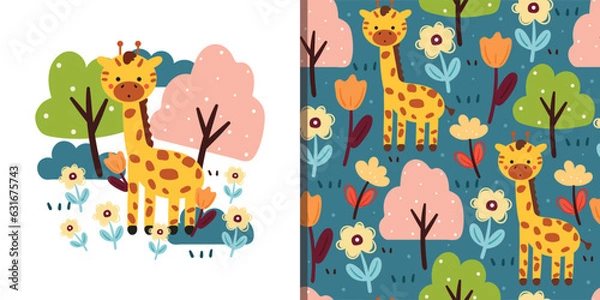 Fototapeta seamless pattern and card cartoon giraffe, flower and plant. cute animal card and pattern for gift wrap paper