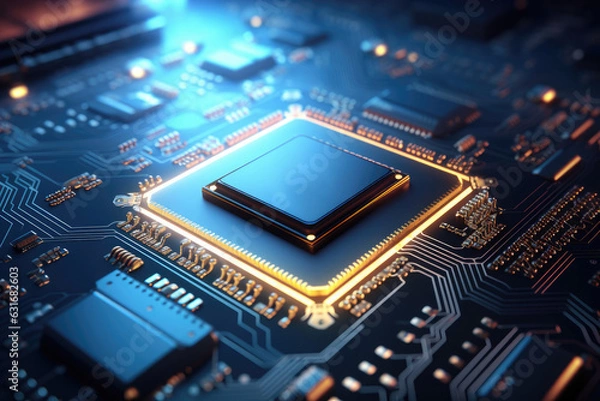 Fototapeta Advanced robotics futuristic tech unit with AI brain and glowing chipset, future of manufacturing, three-dimensional automation in global factories, artificial intelligence network, Generative AI.