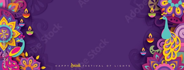 Fototapeta Szczęśliwe tło świętowania Diwali. Projekt banerowy ozdobiony oświetlonymi lampami naftowymi na wzorzystym tle. Projekt ilustracji wektorowej