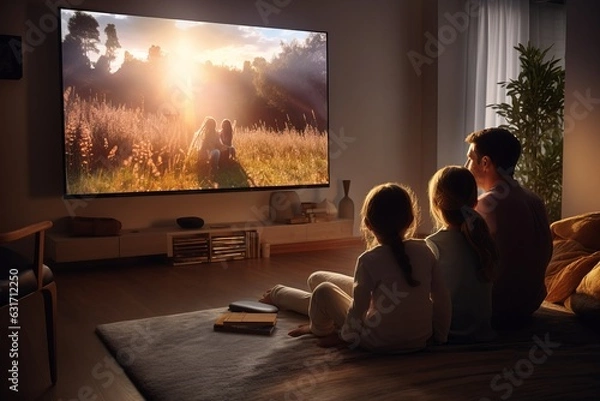 Fototapeta a family sitting in front of a huge flat screen television in the living-room in the evening watching a movie spending leisure time together