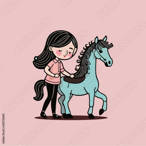 Fototapeta horse with a little long hair girl