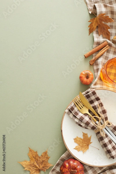 Fototapeta Autumnal table decor idea. Top view vertical shot of plate, cutlery, napkin, tablecloth, glass, cinnamon sticks, pumpkins, autumn leaves on olive background with empty space for advert or text