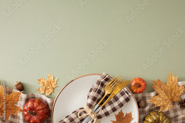 Fototapeta Gorgeous fall table arrangement.Top view photo of plate, cutlery, checkered napkin, tablecloth, raw pumpkins, maple leaves on olive background with empty space for promo or text