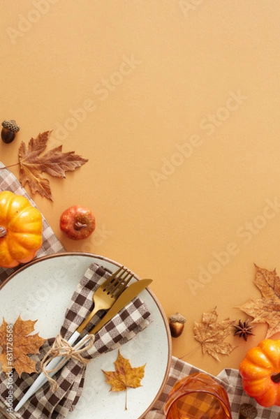 Obraz Fall-themed table setup idea. Top view vertical shot of plate, cutlery, checkered napkin, tablecloth, glass, pumpkins, anise, acorns, maple leaves on pastel brown background with space for ad or text